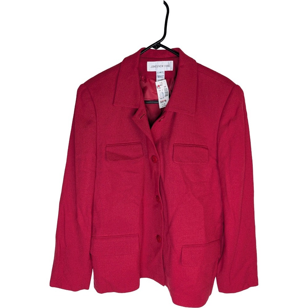Jones New York Blazer Women 14 Red 100% Worsted Wool Lined Button Front